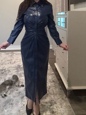Zara Navy Faux Leather Button-Front Midi Dress